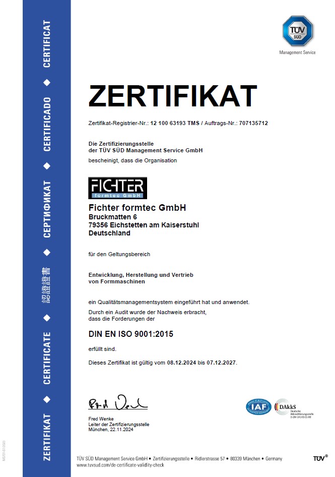 Zertifikat DIN EN ISO 9001:2015 der Fichter Formtec GmbH, ausgestellt von TÜV SÜD Management Service (Deutsch)