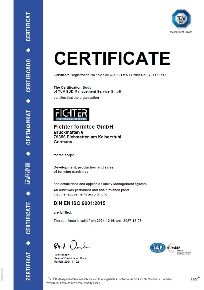 Zertifikat DIN EN ISO 9001:2015 der Fichter Formtec GmbH, ausgestellt von TÜV SÜD Management Service (Englisch)