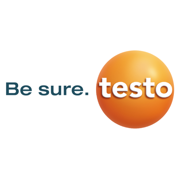 Logo von Testo – orangefarbener Kreis mit weißem Schriftzug „testo“, links daneben der Slogan „Be sure.“ in dunkelblauer Schrift.