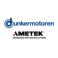 Logo von Dunkermotoren und AMETEK in Blau und Schwarz