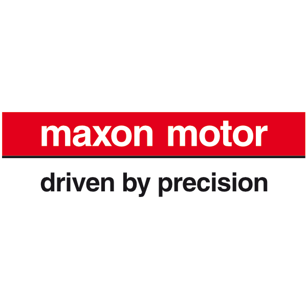 Logo von maxon motor – rotes Rechteck mit weißem Schriftzug und Slogan „driven by precision“
