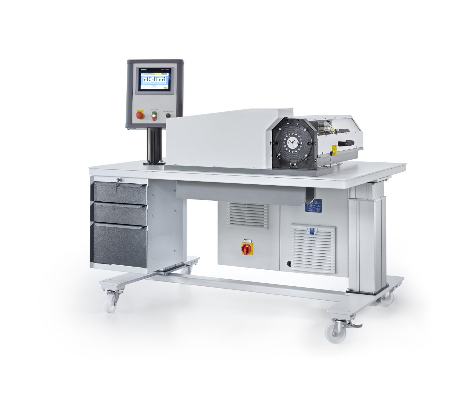 Industriemaschine von Fichter formtec auf höhenverstellbarem Gestell mit integriertem Bedienpanel